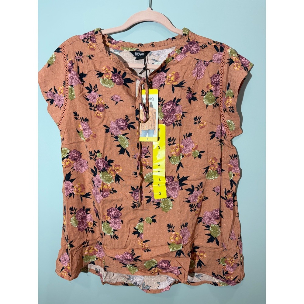 Buffalo David Bitton Floral Tie Neck Blouse Ruffle Cap Sleeve Pink Small NWT